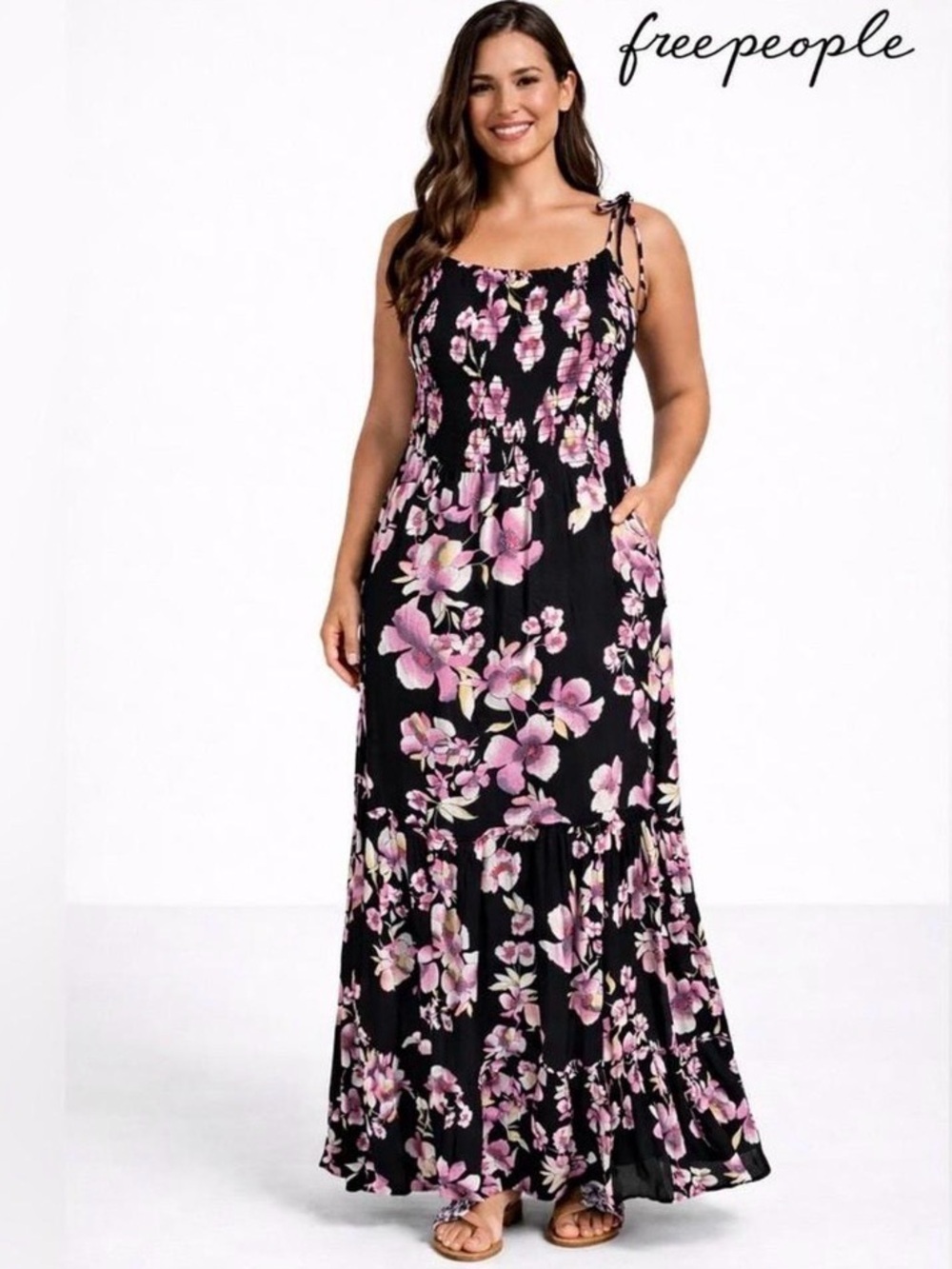 Free People Intimately Maxi Dress Sz L Floral Smocked Garden Party Tiered Boho